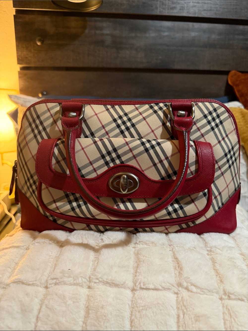 Burberry Nova Check Red Leather Turn-Lock Satchel Bag Vintage